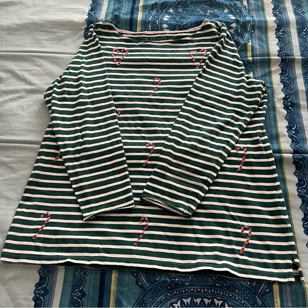 Talbots Green and White Striped Sweatshirt with Candy Cane Accents